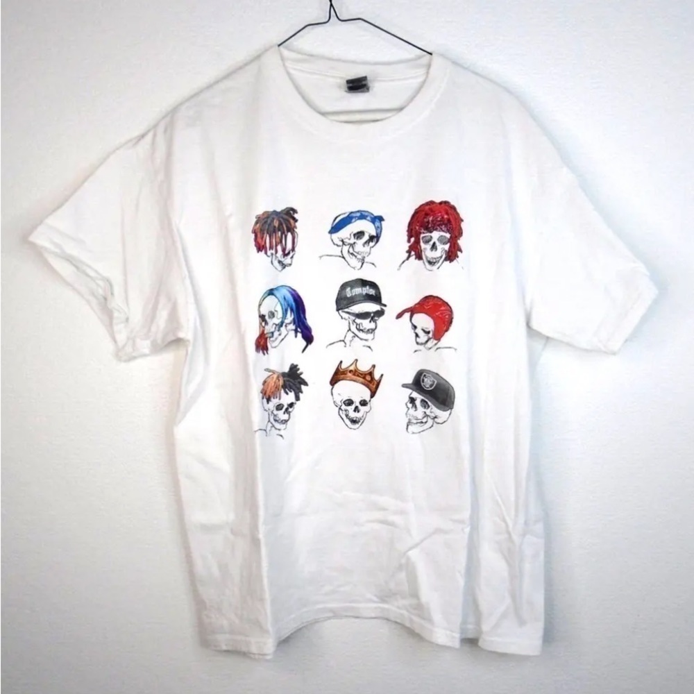 Skulls In Da Hood T-Shirt Graphic White Short Sleeve Gildan Hip Hop Street Large